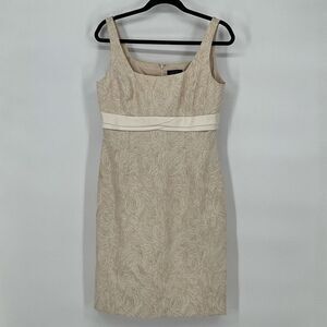 TAHARI Sheath Dress 6 Beige Metallic Jacquard Sleeveless Empire Waist Cocktail
